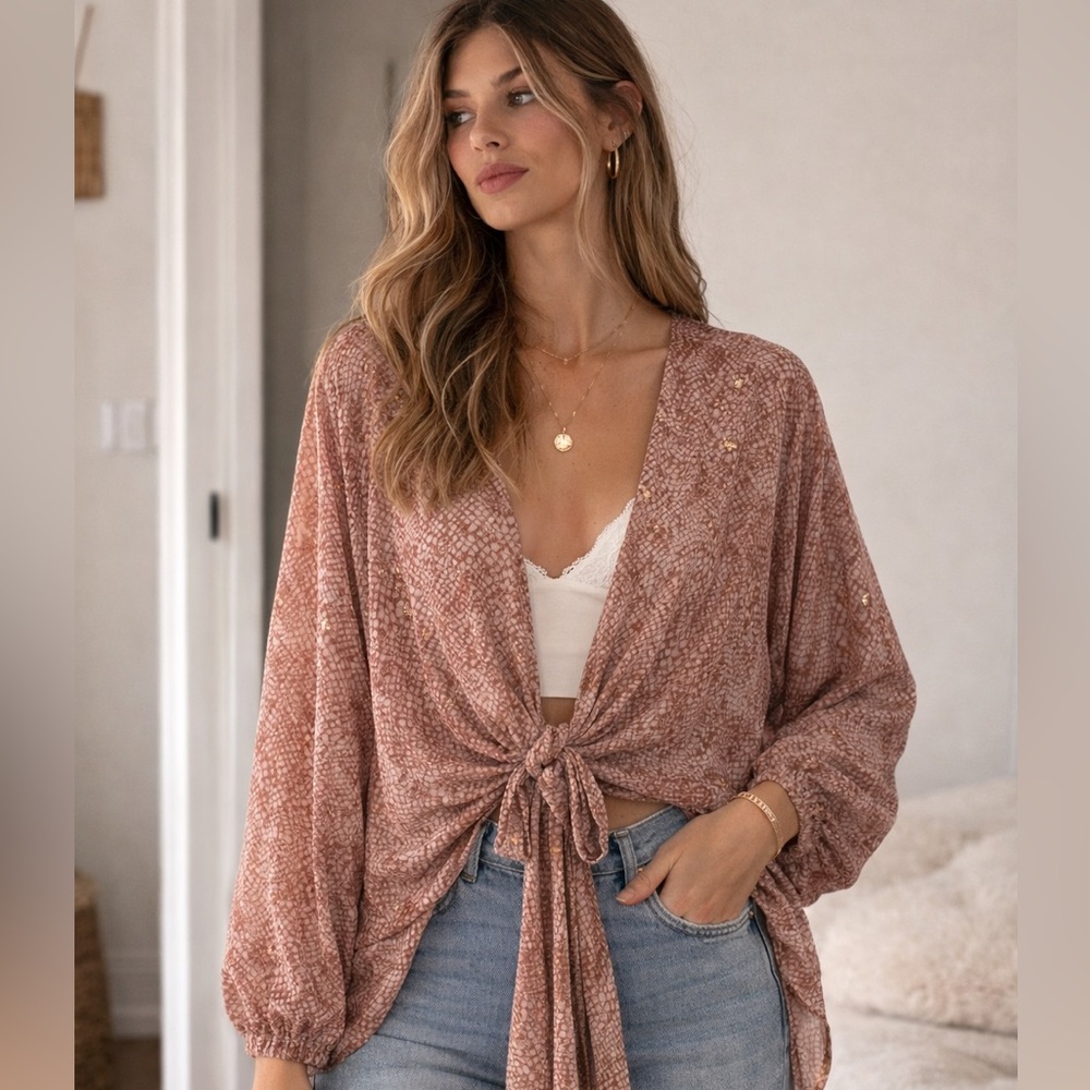 Lovestitch Tie-Front Kimono Top – Mauve/ Rust| Snake Metallic Print – Size M